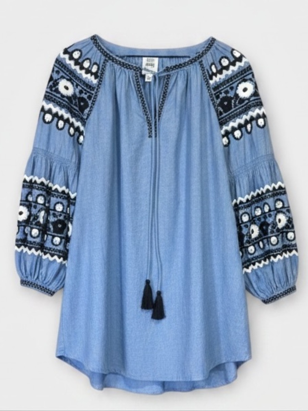 Ivy Jane Long Sleeve Tassel Embroidered Bohemian Cotton Tunic Top XS